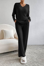 Ribbed V-Neck Top and Pants Lounge Set for a perfect OOTD – dress to impress outfits from Amexza