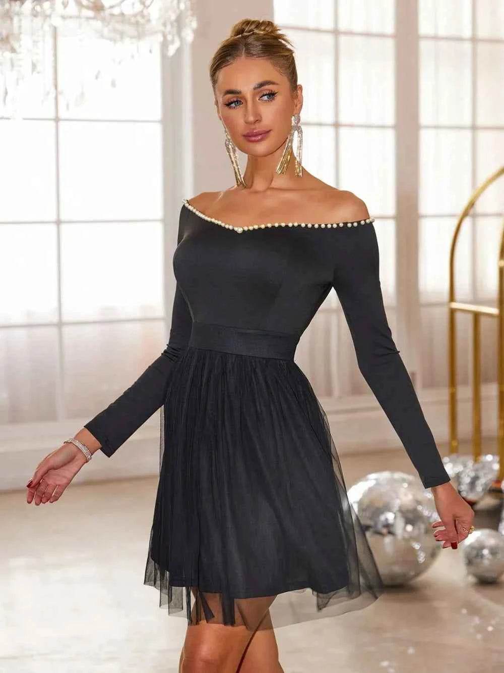 Pearl Trim Mesh Hem Off Shoulder Dress for a perfect OOTD – dress to impress outfits from Amexza