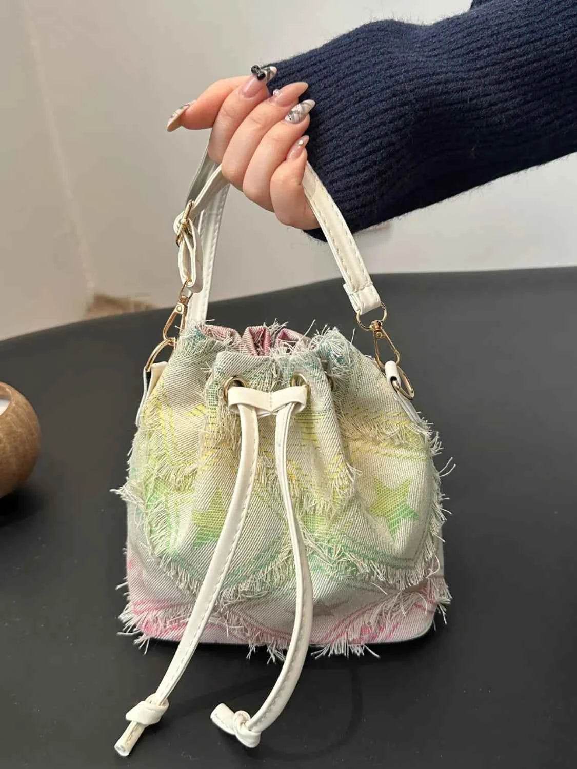 Drawstring Raw Edge Bucket Bag Style E One Size for a perfect OOTD – dress to impress outfits from Amexza