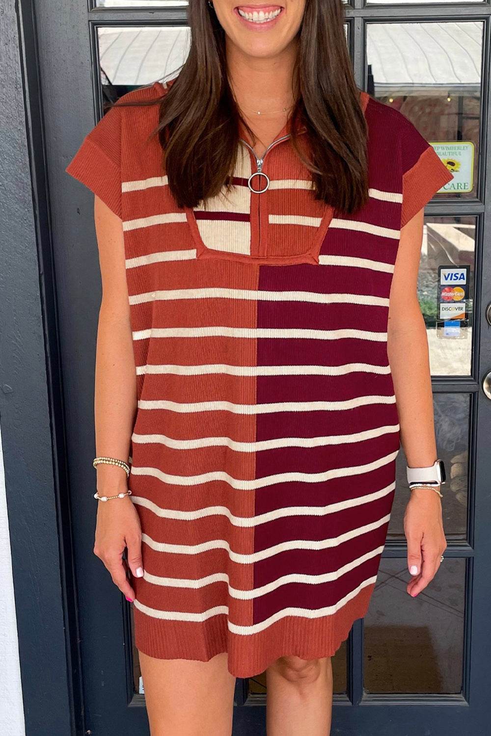Striped Quarter Zip Cap Sleeve Sweater Dress for a perfect OOTD – dress to impress outfits from Amexza