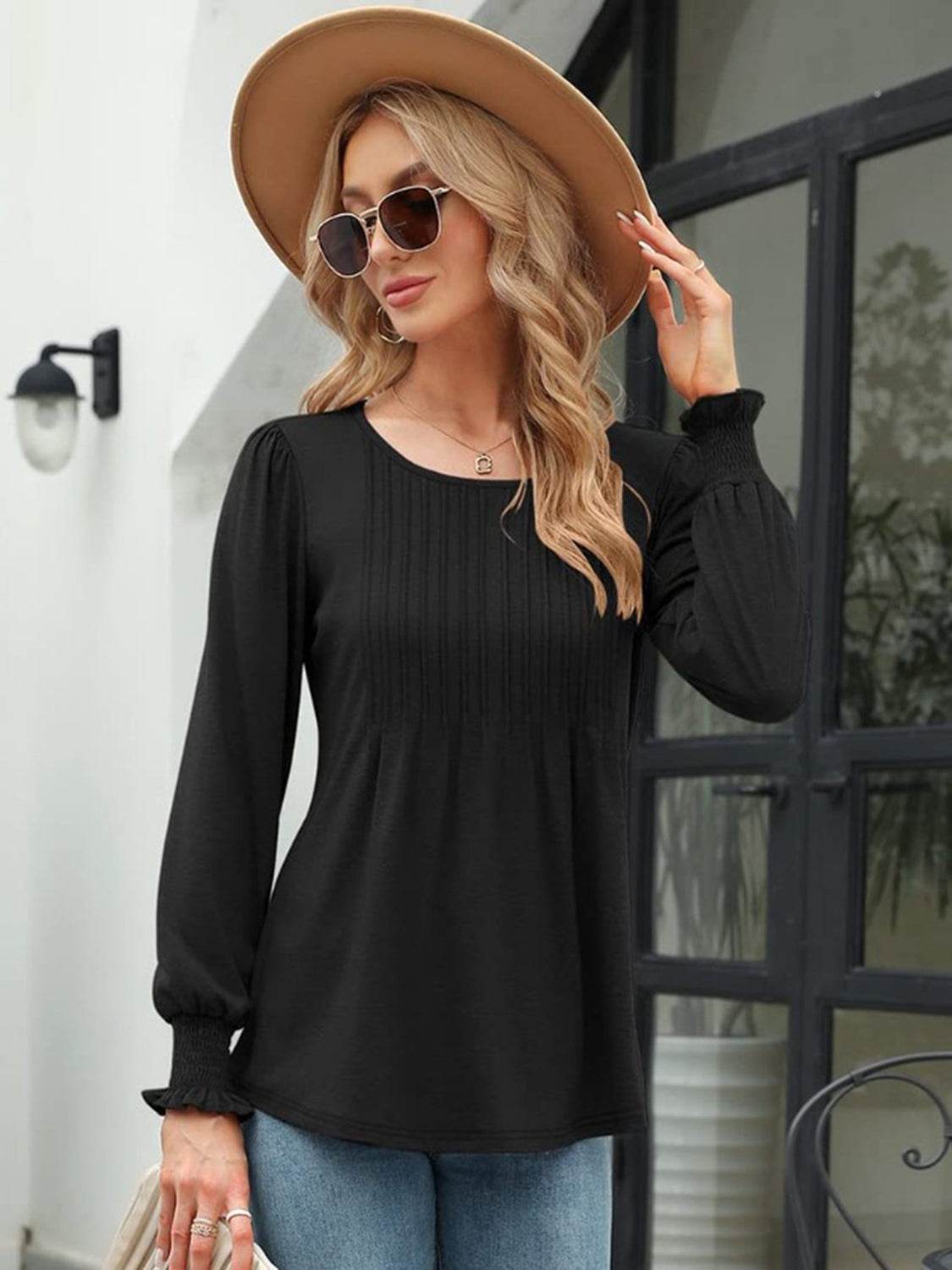 Smocked Round Neck Lantern Sleeve Blouse - Amexza