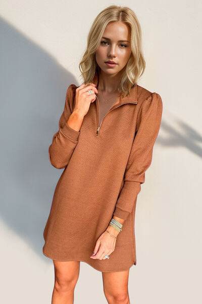 Double Take Textured Quarter Zip Long Sleeve Dress for a perfect OOTD – dress to impress outfits from Amexza