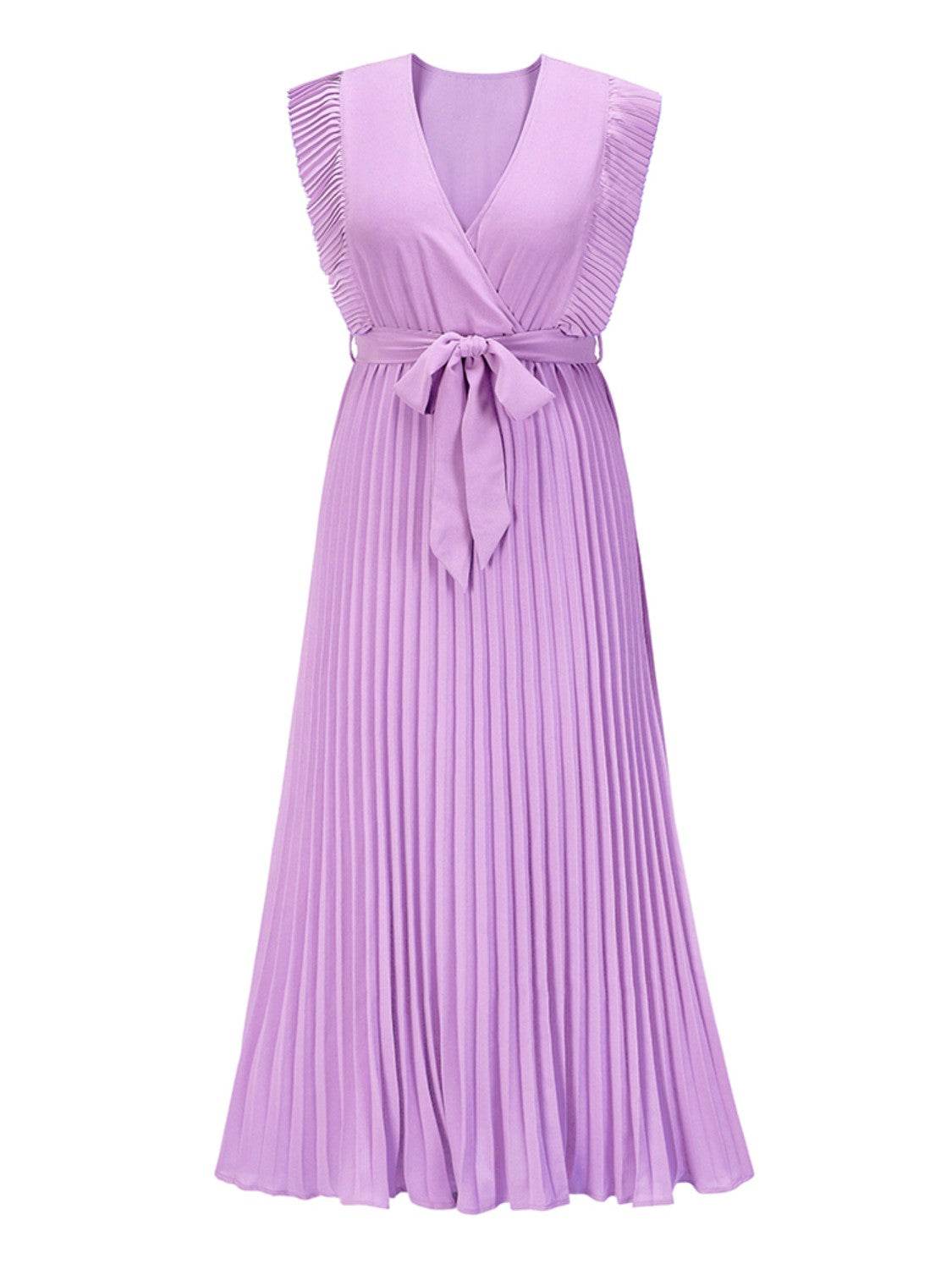 Tied Surplice Cap Sleeve Pleated Dress - Amexza