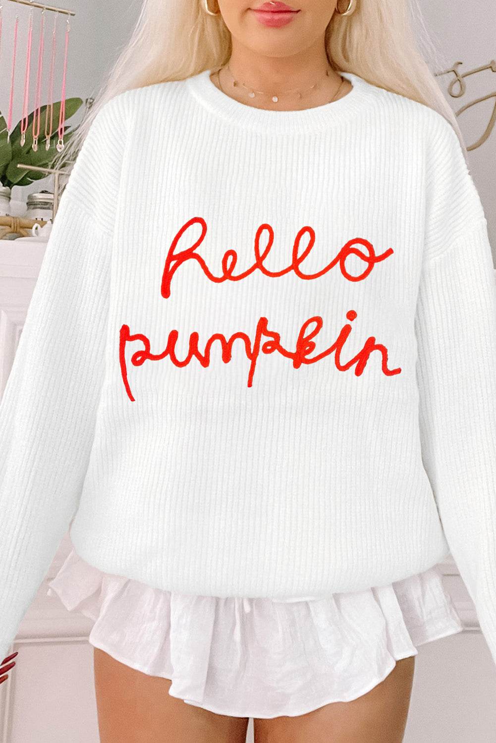 HELLO PUMPKIN Round Neck Long Sleeve Sweater for a perfect OOTD – dress to impress outfits from Amexza