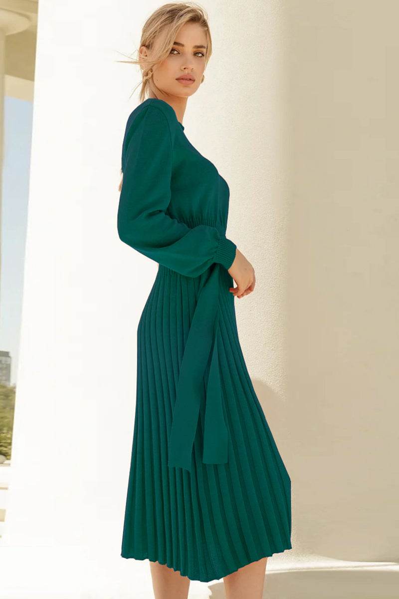 Round Neck Long Sleeve Pleated Sweater Dress for a perfect OOTD – dress to impress outfits from Amexza