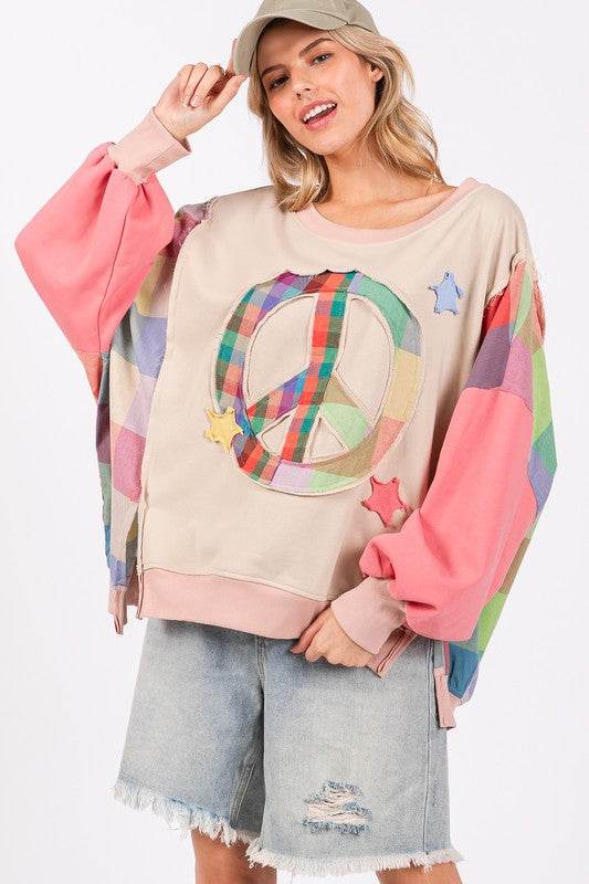 SAGE + FIG Full Size Contrast Peace Patch Dropped Shoulder Sweatshirt Coral Multicolor for a perfect OOTD – dress to impress outfits from Amexza