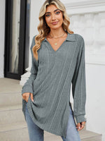 Slit Johnny Collar Long Sleeve T-Shirt - Amexza