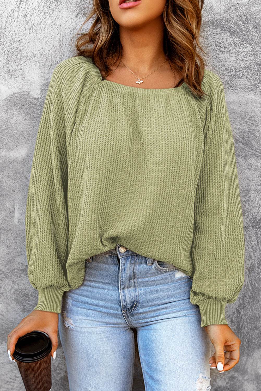 Square Neck Waffle-Knit Top - Amexza