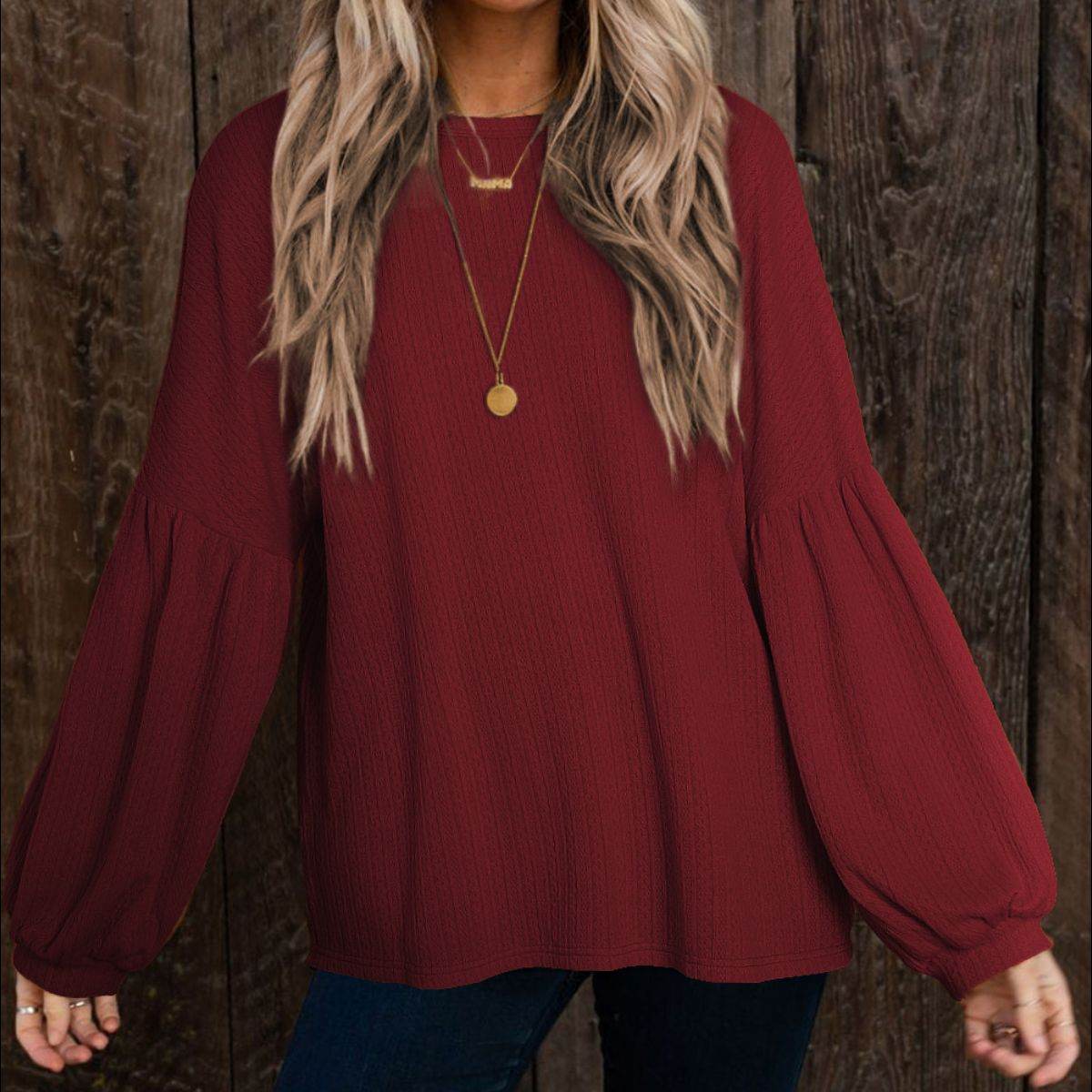 Round Neck Long Sleeve Ruched Blouse - Amexza