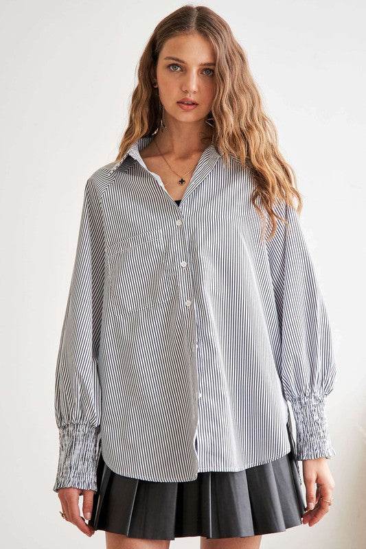 ADORA High-Low Striped Button Down Smocked Lantern Sleeve Shirt - Amexza