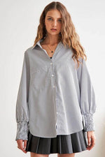 ADORA High-Low Striped Button Down Smocked Lantern Sleeve Shirt - Amexza