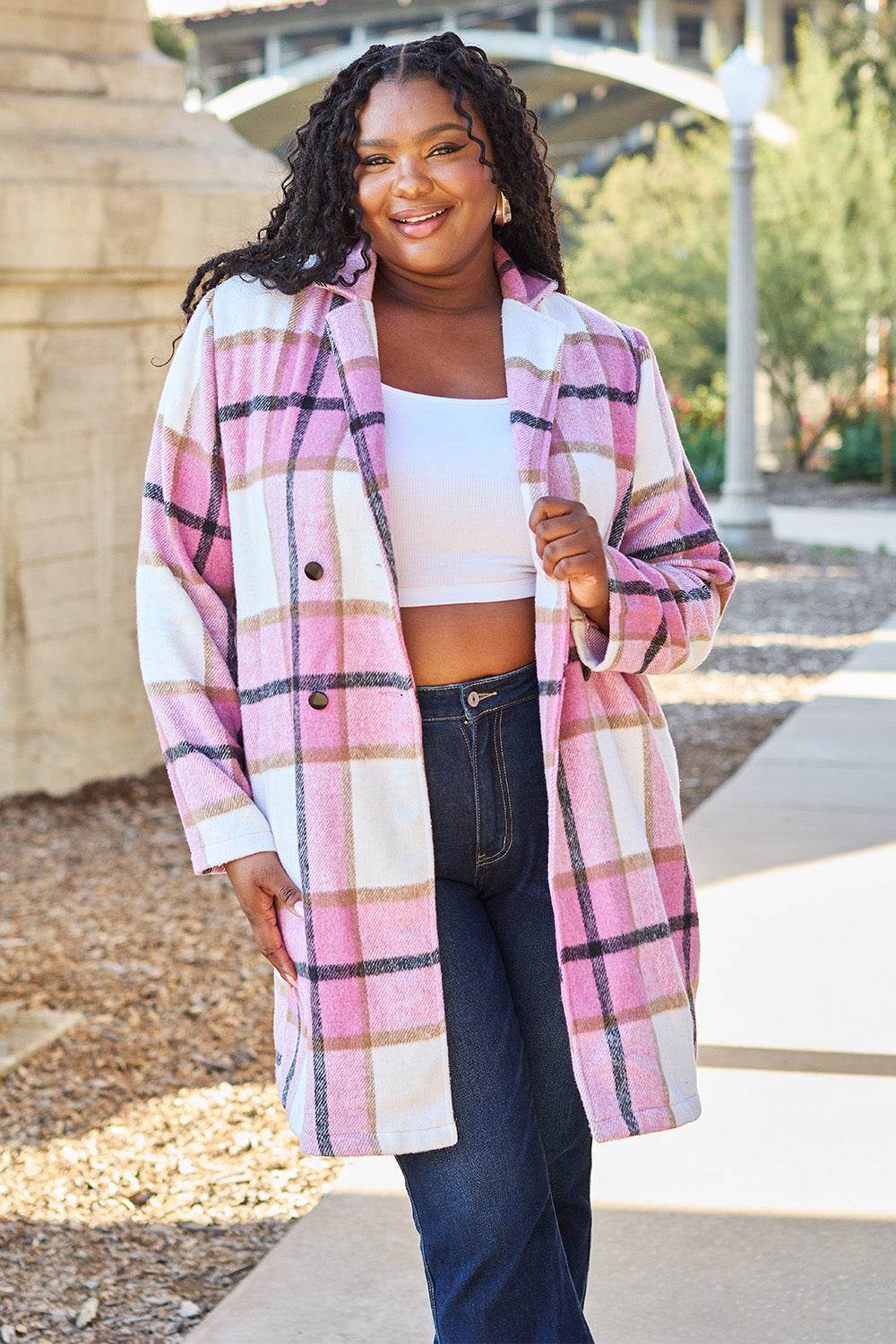 Double Take Full Size Plaid Button Up Lapel Collar Coat - Amexza