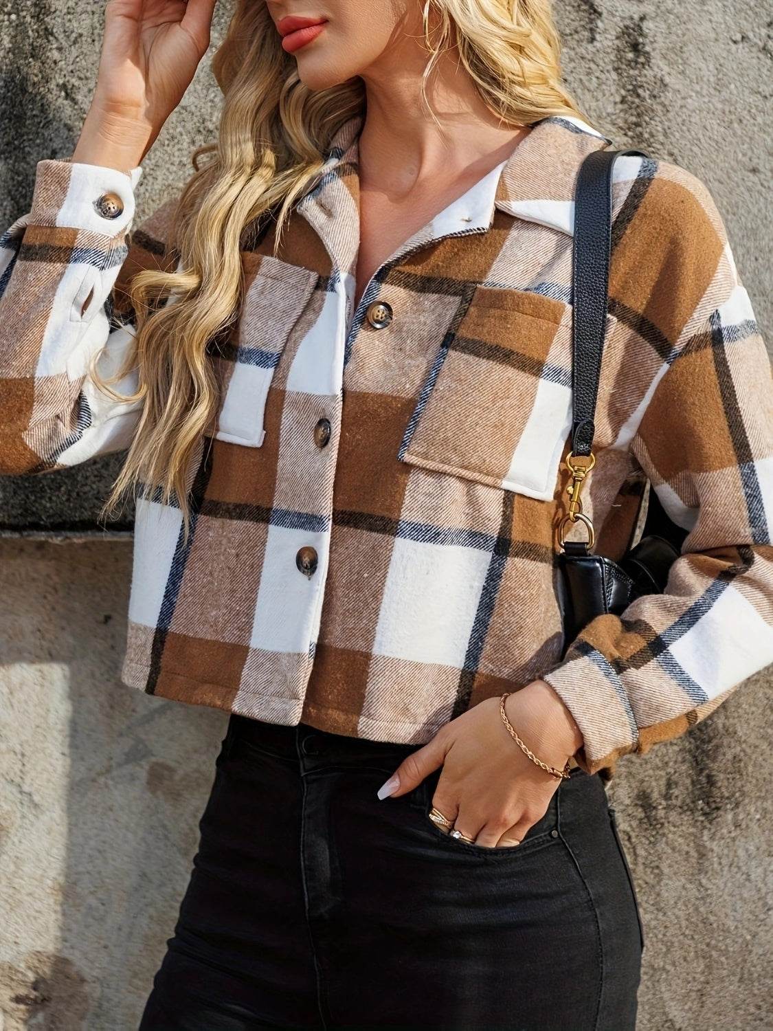 Plaid Collared Neck Cropped Jacket - Amexza