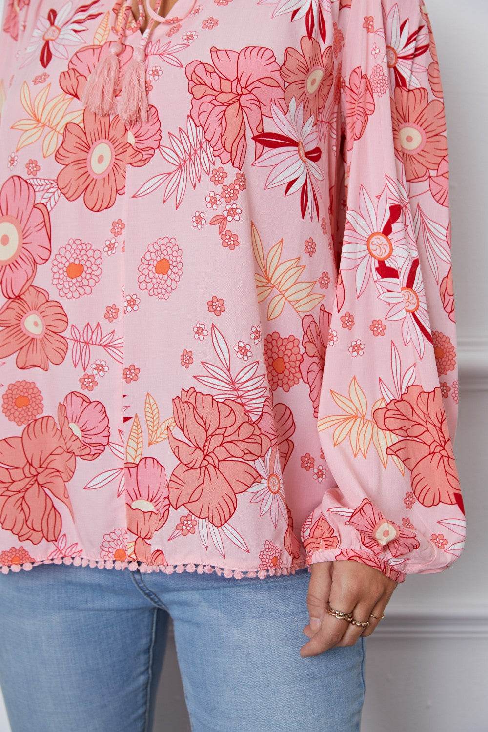 Floral Smocked Tassel Tie Balloon Sleeve Blouse for a perfect OOTD – dress to impress outfits from Amexza