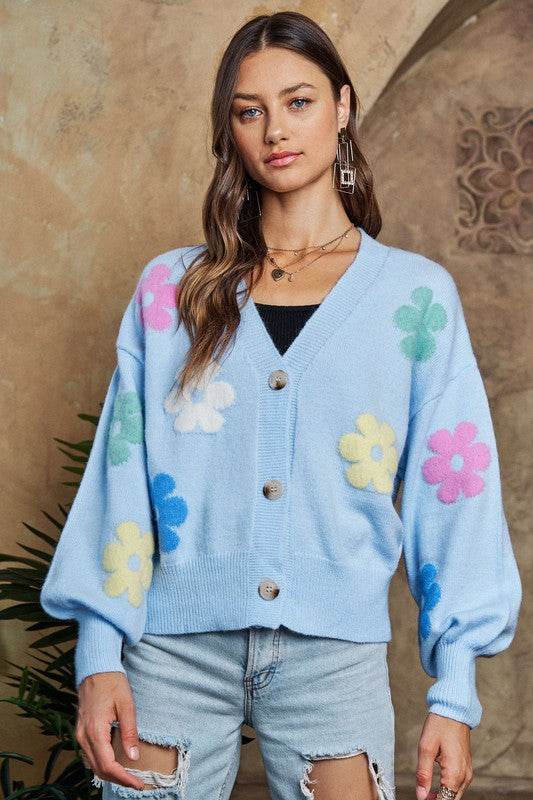 ADORA Flower Button Down Lantern Sleeve Cardigan - Amexza