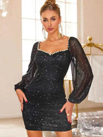 Pearl Trim Sweetheart Neck Long Sleeve Mini Dress Black for a perfect OOTD – dress to impress outfits from Amexza