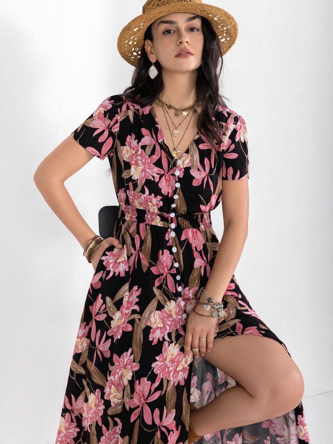 Floral V-Neck Slit Dress - Amexza