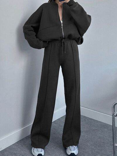 Baseball Collar Zip Up Top and Drawstring Paants Set Black for a perfect OOTD – dress to impress outfits from Amexza