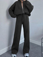 Baseball Collar Zip Up Top and Drawstring Paants Set Black for a perfect OOTD – dress to impress outfits from Amexza