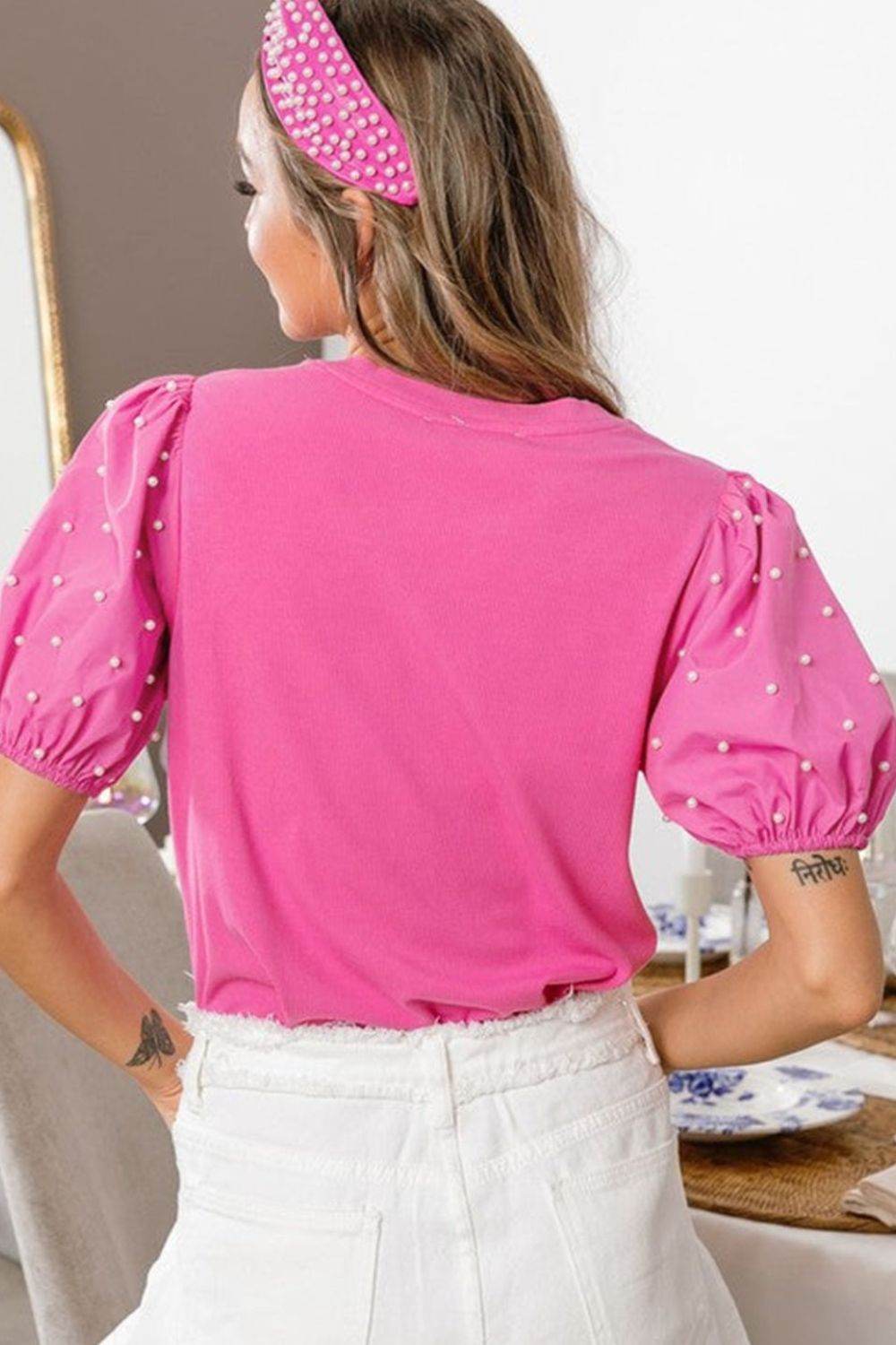 Pearl Detail Round Neck Puff Sleeve Blouse - Amexza