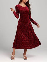Flower Print V-Neck Long Sleeve Midi Dress Burgundy for a perfect OOTD – dress to impress outfits from Amexza