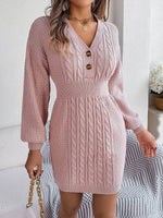 Buttoned Cable-Knit V-Neck Sweater Dress Blush Pink for a perfect OOTD – dress to impress outfits from Amexza