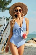 Ruffled Plunge Wide Strap One-Piece Swimwear Light Blue for a perfect OOTD – dress to impress outfits from Amexza