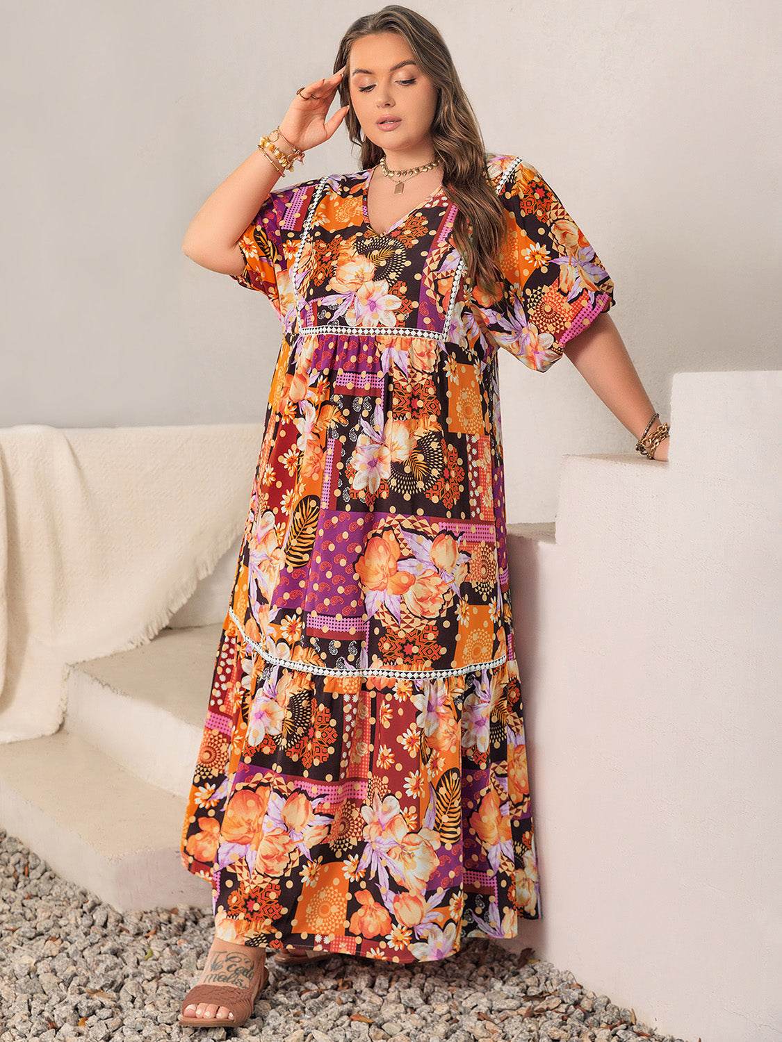 Plus Size Printed V-Neck Half Sleeve Maxi Dress - Amexza