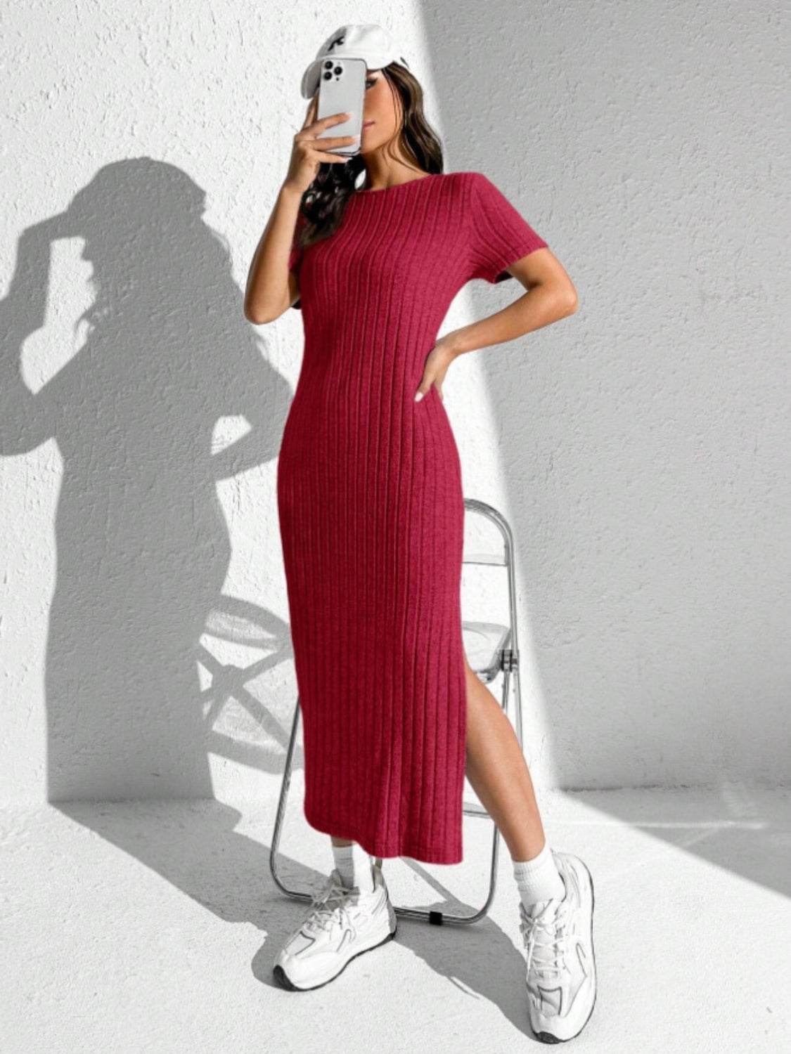 Slit Round Neck Short Sleeve Sweater Dress for a perfect OOTD – dress to impress outfits from Amexza