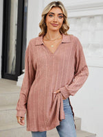 Slit Johnny Collar Long Sleeve T-Shirt - Amexza