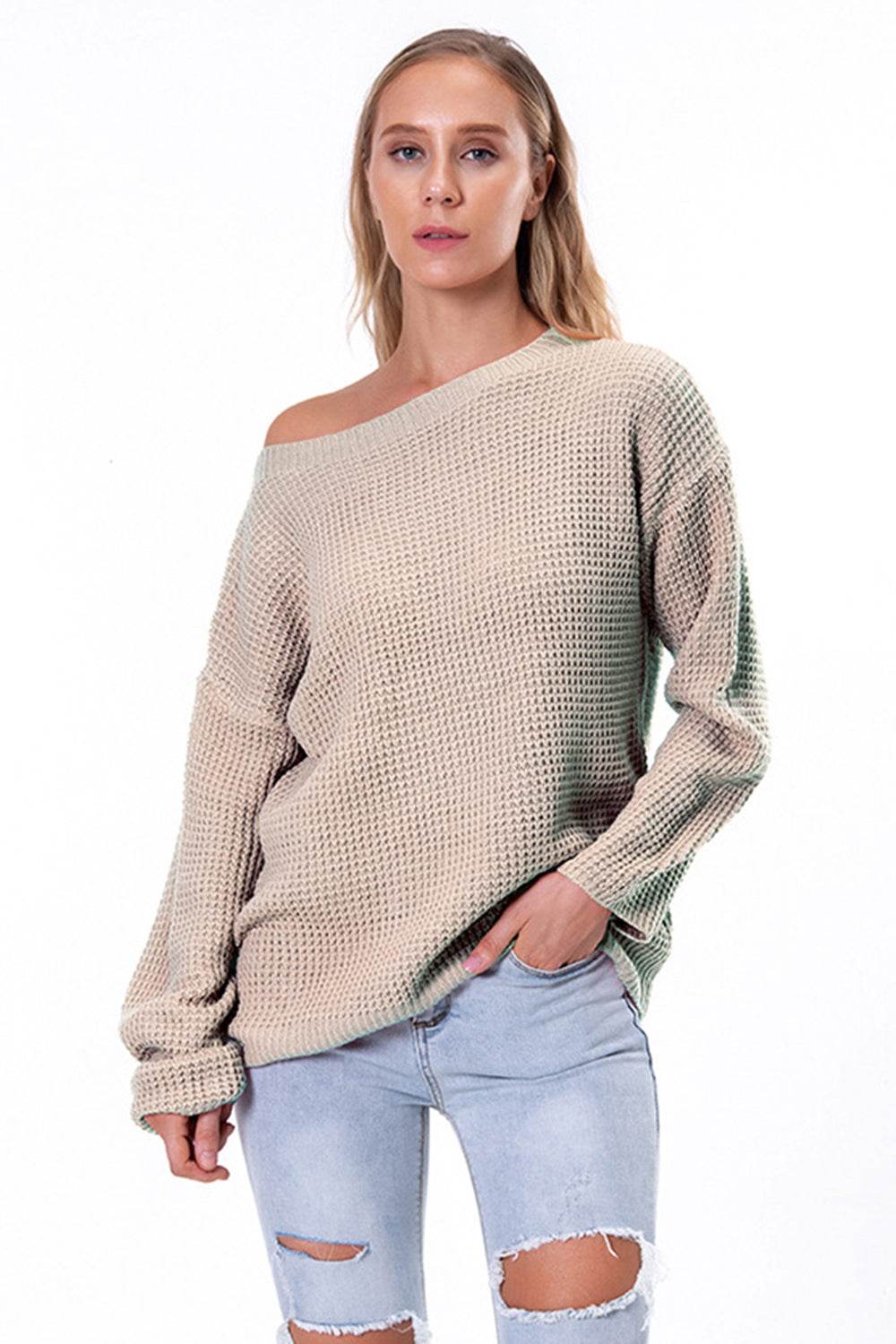 Boat Neck Drop Shoulder Long Sleeve Sweater Beige for a perfect OOTD – dress to impress outfits from Amexza