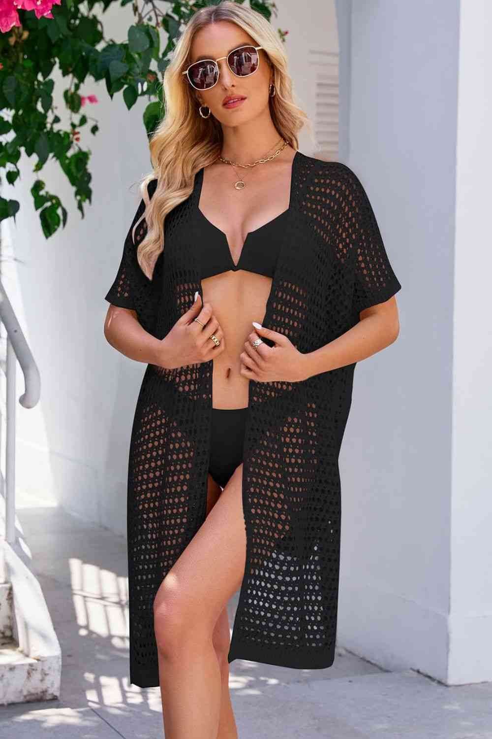 Openwork Tie Waist Cover Up Black for a perfect OOTD – dress to impress outfits from Amexza