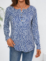 Quarter Button Printed Round Neck Long Sleeve Top - Amexza