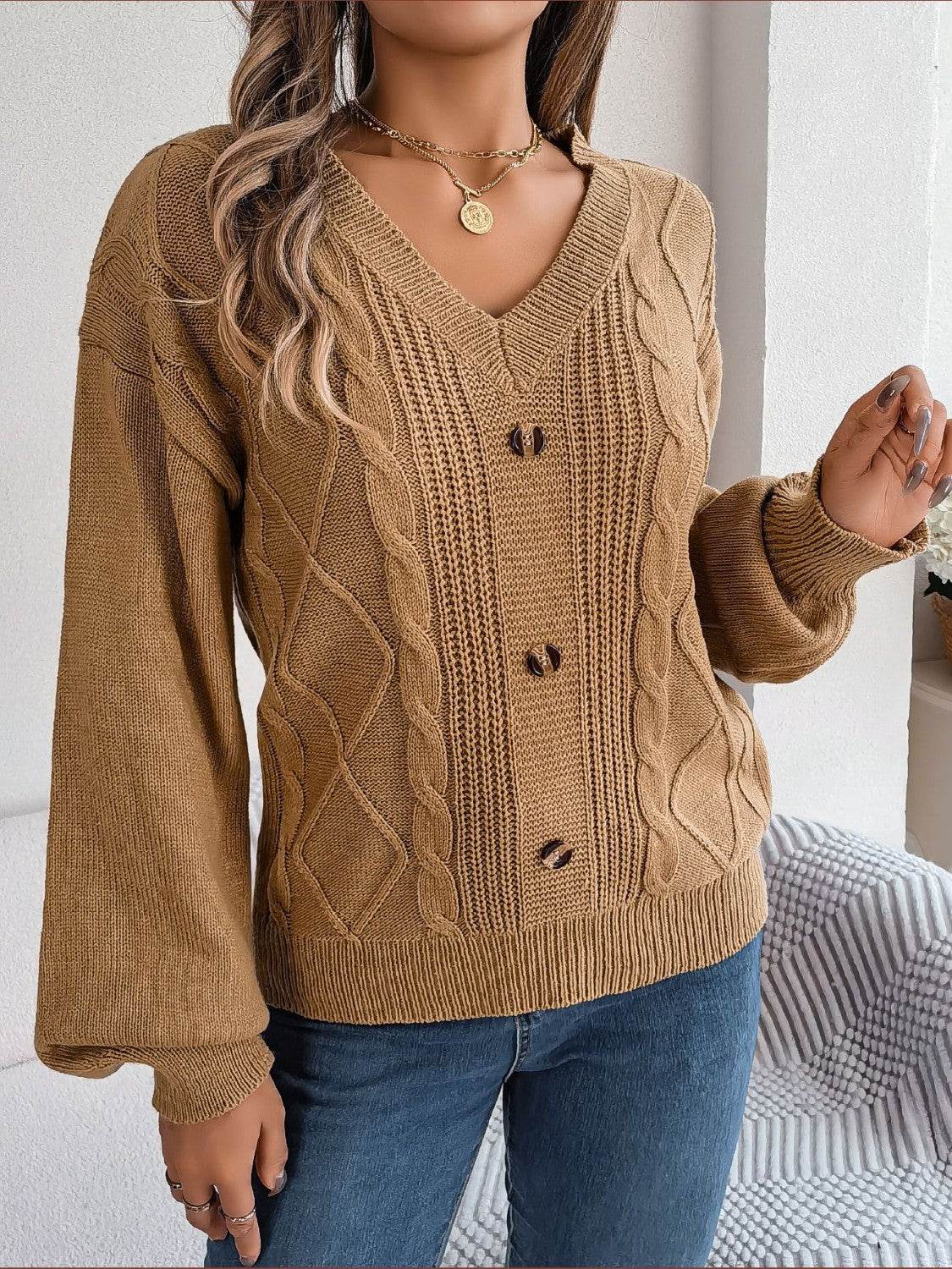 Cable-Knit Buttoned V-Neck Sweater Khaki for a perfect OOTD – dress to impress outfits from Amexza
