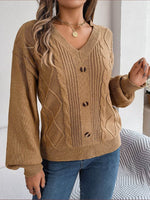 Cable-Knit Buttoned V-Neck Sweater Khaki for a perfect OOTD – dress to impress outfits from Amexza