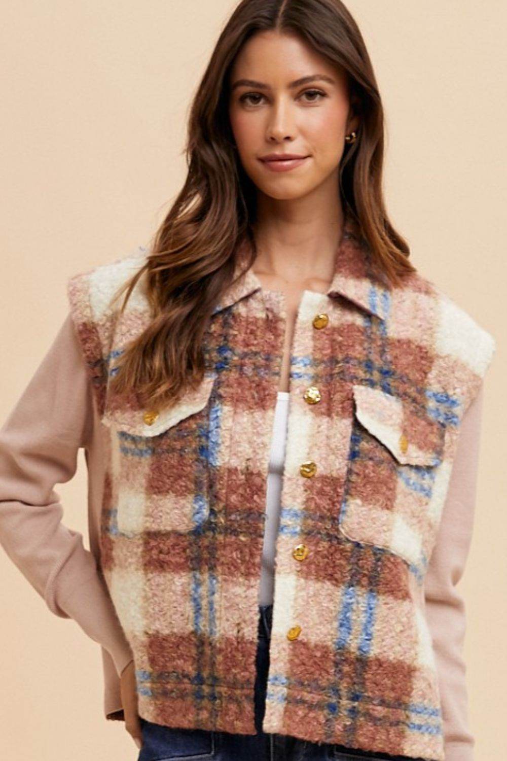 Annie Wear Faux Fur Plaid Button Up Jacket - Amexza