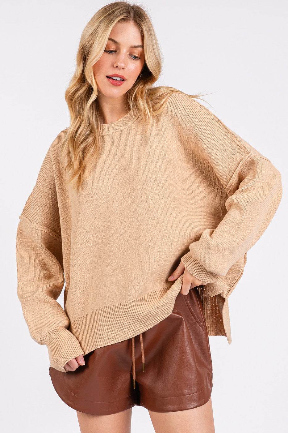 Mittoshop Side Slit Round Neck Drop Shoulder Sweater Tan for a perfect OOTD – dress to impress outfits from Amexza