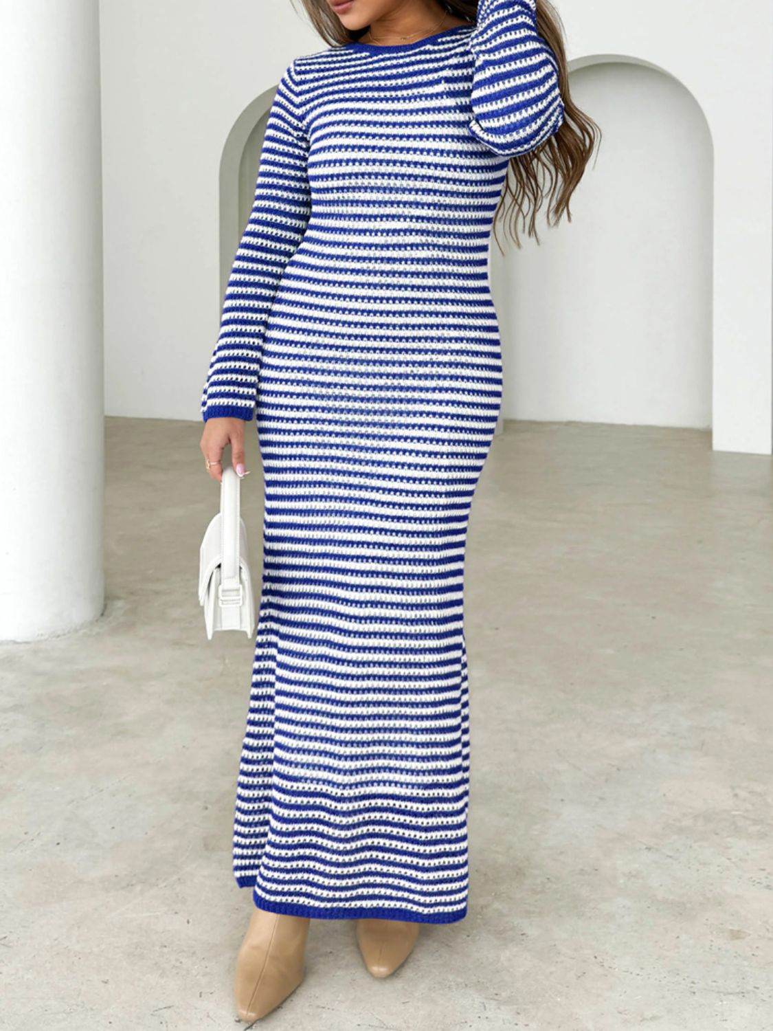 Devine Tied Round Neck Striped Sweater Dress Blue for a perfect OOTD – dress to impress outfits from Amexza