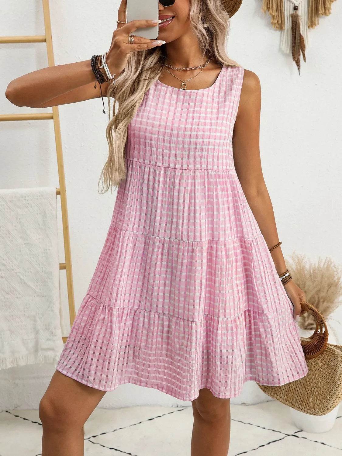 Plaid Round Neck Sleeveless Mini Dress for a perfect OOTD – dress to impress outfits from Amexza