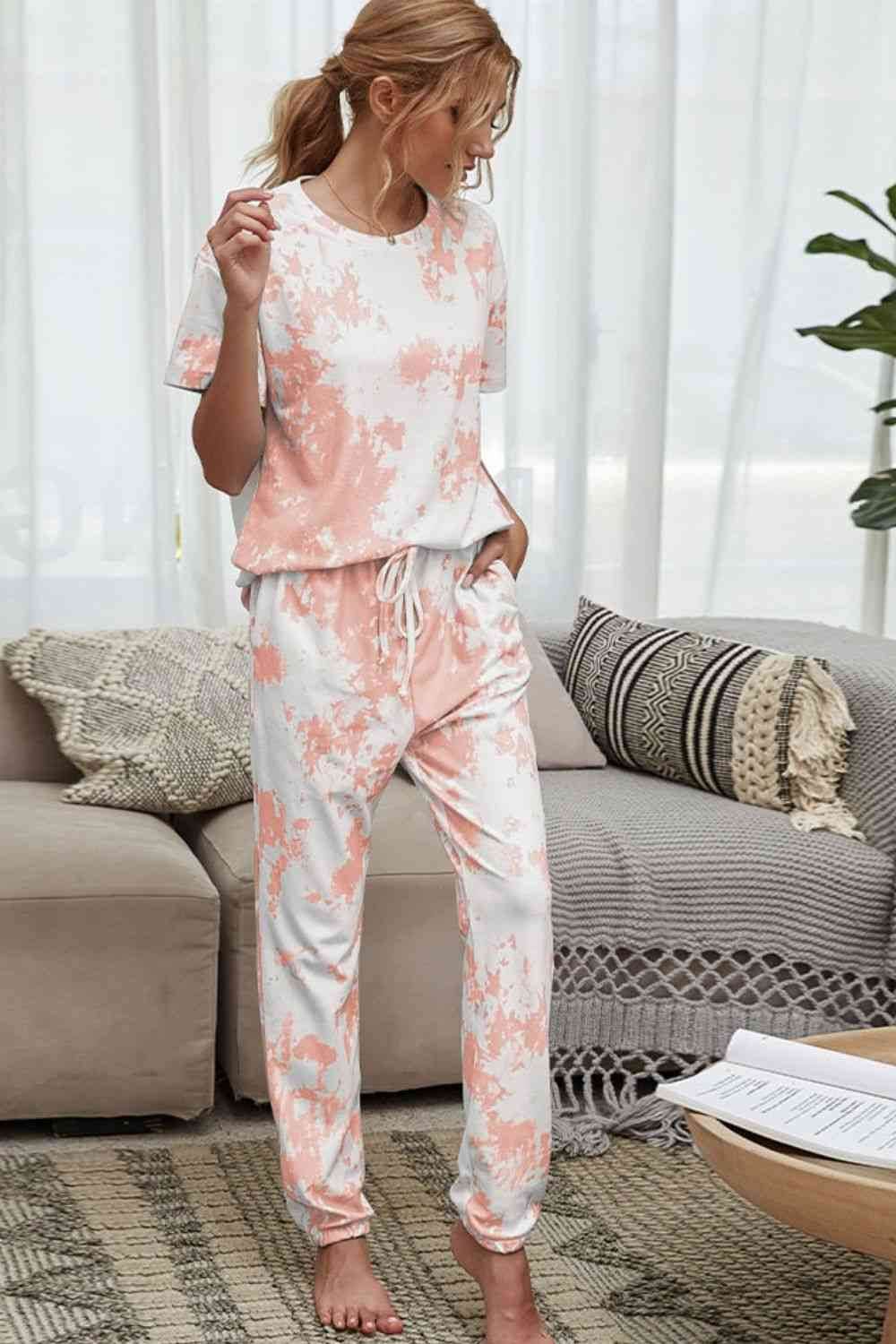 Shiny Tie-Dye Tee and Drawstring Waist Joggers Lounge Set Peach for a perfect OOTD – dress to impress outfits from Amexza