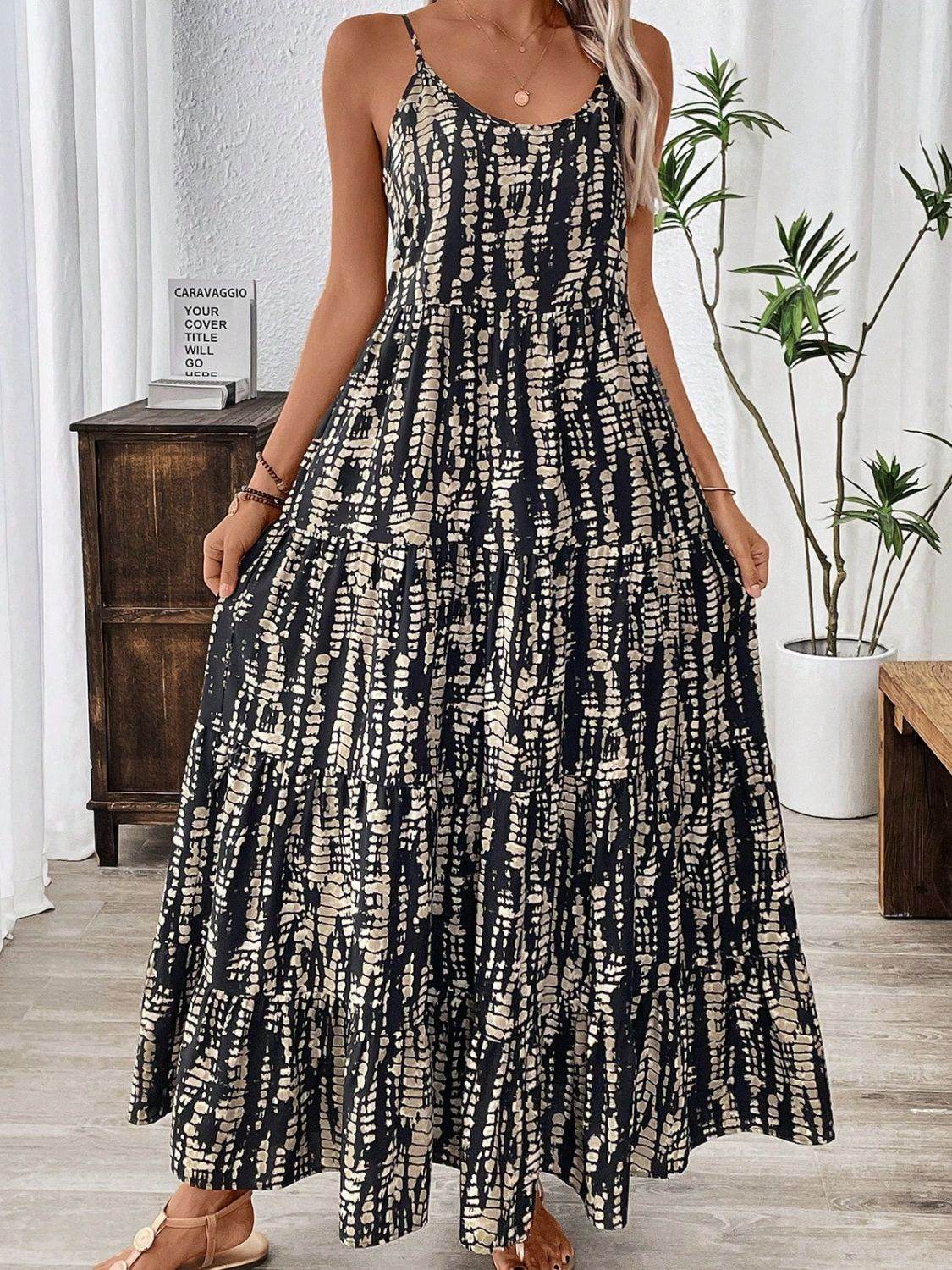 Printed Scoop Neck Maxi Cami Dress - Amexza