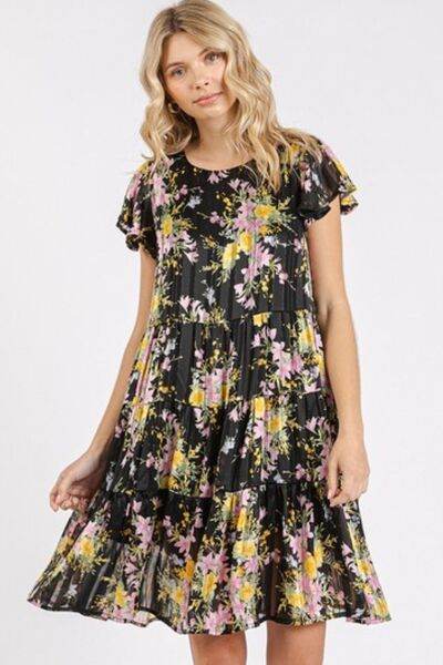 Mittoshop Flower Print Round Neck Flutter Sleeve Tiered Dress Black for a perfect OOTD – dress to impress outfits from Amexza