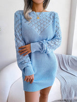 Openwork Boat Neck Sweater Dress Light Blue for a perfect OOTD – dress to impress outfits from Amexza
