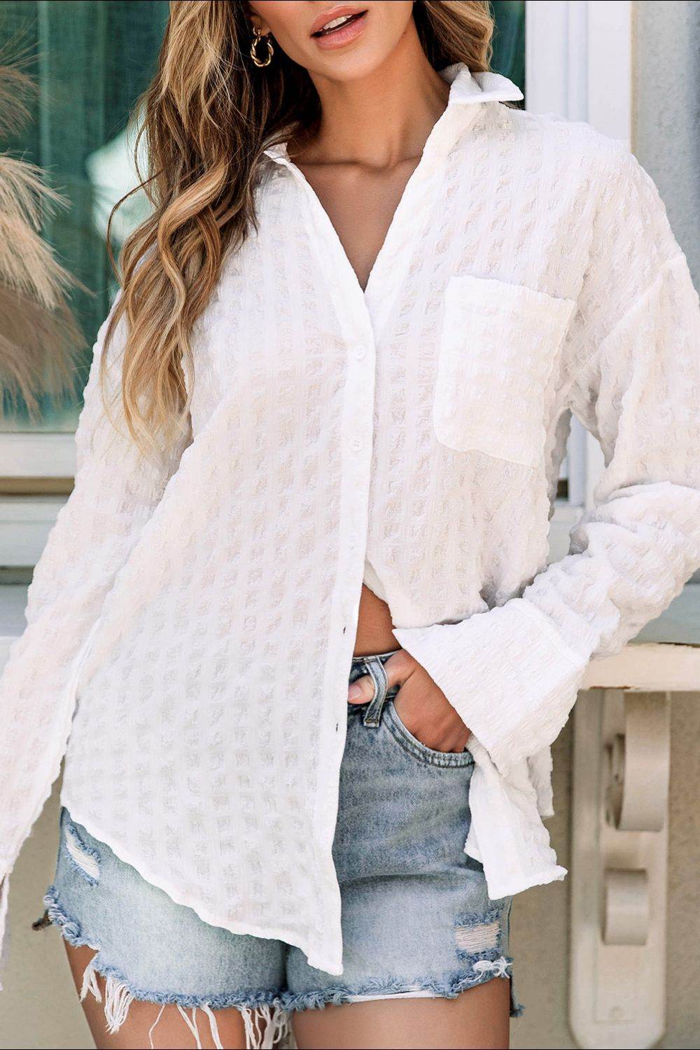 Texture Collared Neck Long Sleeve Shirt - Amexza