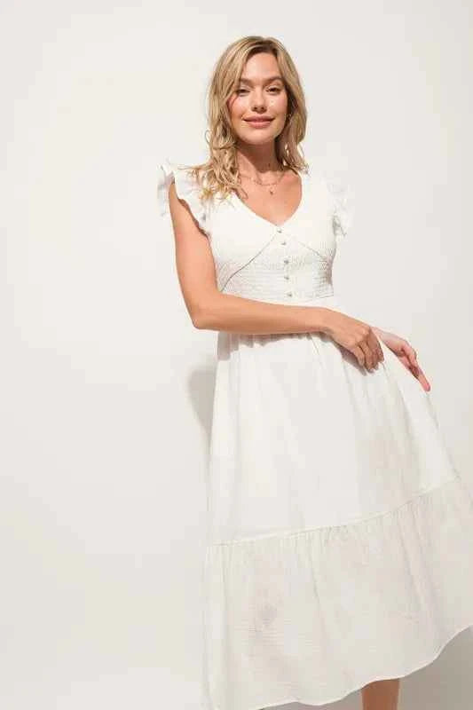And The Why Ruffle Sleeve Front Smocked Tiered Midi Dress