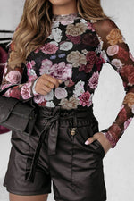 Floral Mock Neck Long Sleeve Mesh Top - Amexza