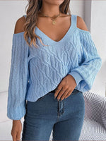 Cable-Knit Cold Shoulder Long Sleeve Sweater Misty Blue for a perfect OOTD – dress to impress outfits from Amexza