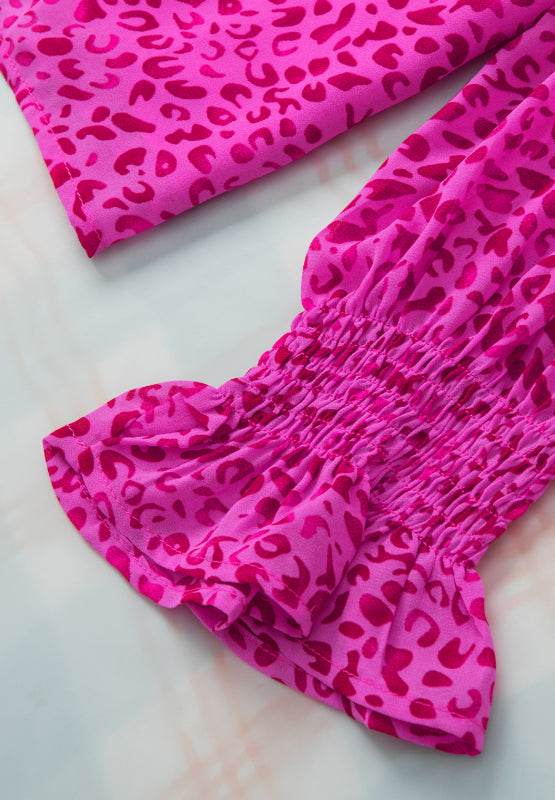 Ruched Leopard Mock Neck Long Sleeve Blouse - Amexza