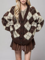 Plaid V-Neck Button Up Cardigan - Amexza