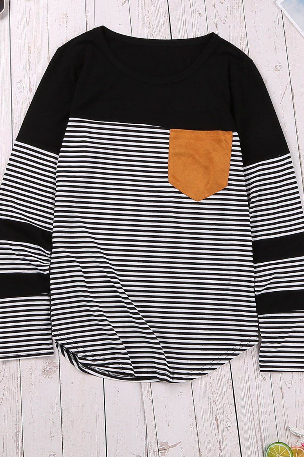 Striped Round Neck Long Sleeve T-Shirt - Amexza